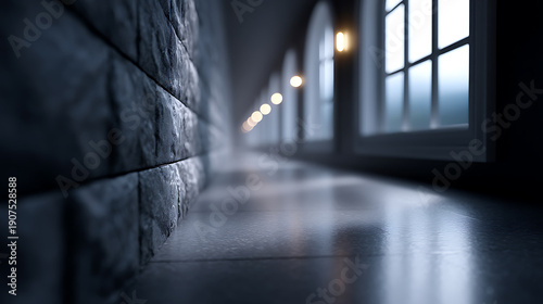 A dark, moody hallway with stone walls and arched windows at the end