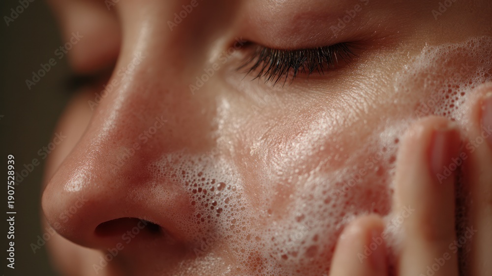 Fototapeta premium Close-up of a person washing their face with cleanser.
