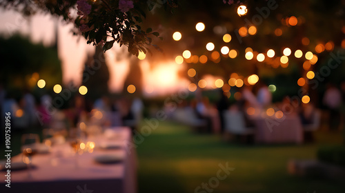 Outdoor Gathering with String Lights and Tables in the Garden at Sunset