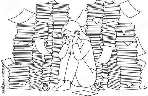 Overwhelmed Woman Crying Amidst Stacks of Paper, Depicting Work Stress, Burnout, and Excessive Workload