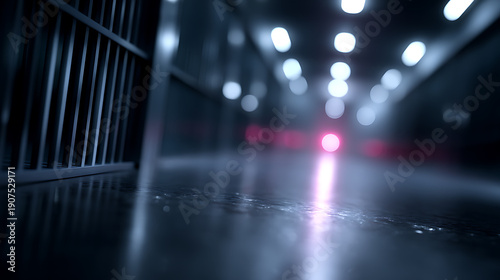 An eerie perspective of a prison corridor with a cell and ominous lighting. The scene evokes a sense of confinement and tension