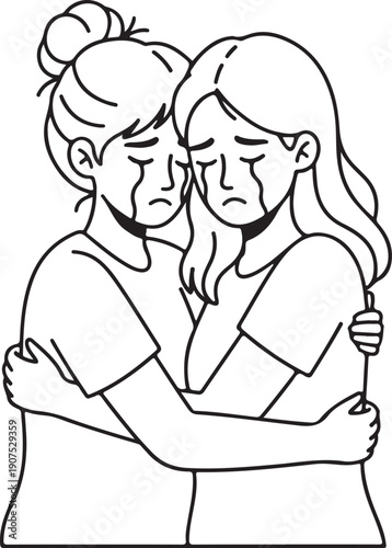 Two women crying and hugging, offering comfort and emotional support in a moment of sadness or grief, vector outline illustration of empathy and solace