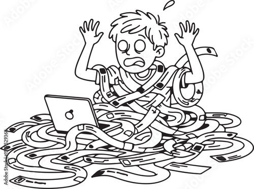 Cartoon illustration of a stressed and overwhelmed person, possibly a young man, tangled in a messy pile of online shopping receipts, symbolizing financial debt