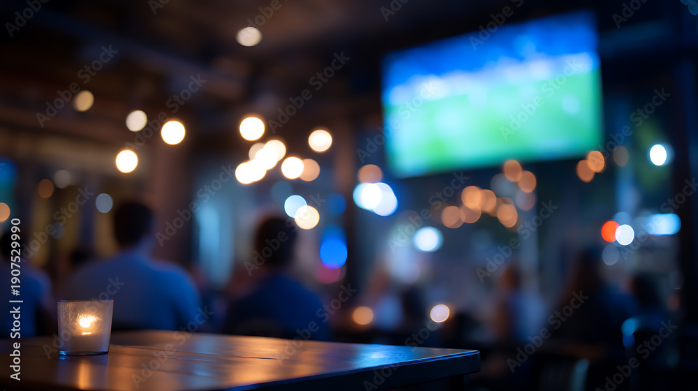 Fototapeta premium Atmospheric scene in a dimly lit bar, blurred with people gathered watching a screen. A candle provides a soft, warm glow in the foreground