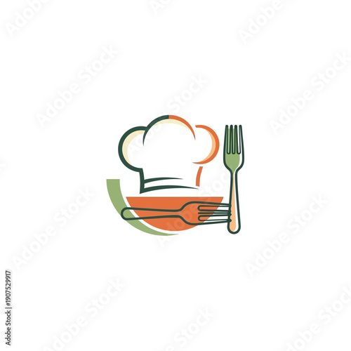 Chef hat with fork and spoon kitchen utensils logo design.