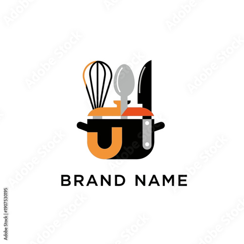 Creative cooking utensils logo design with a pot, whisk, spoon, and knife.