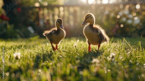 Wallpaper Mural Cute Ducklings Walking on Green Grass in Sunny Garden Torontodigital.ca