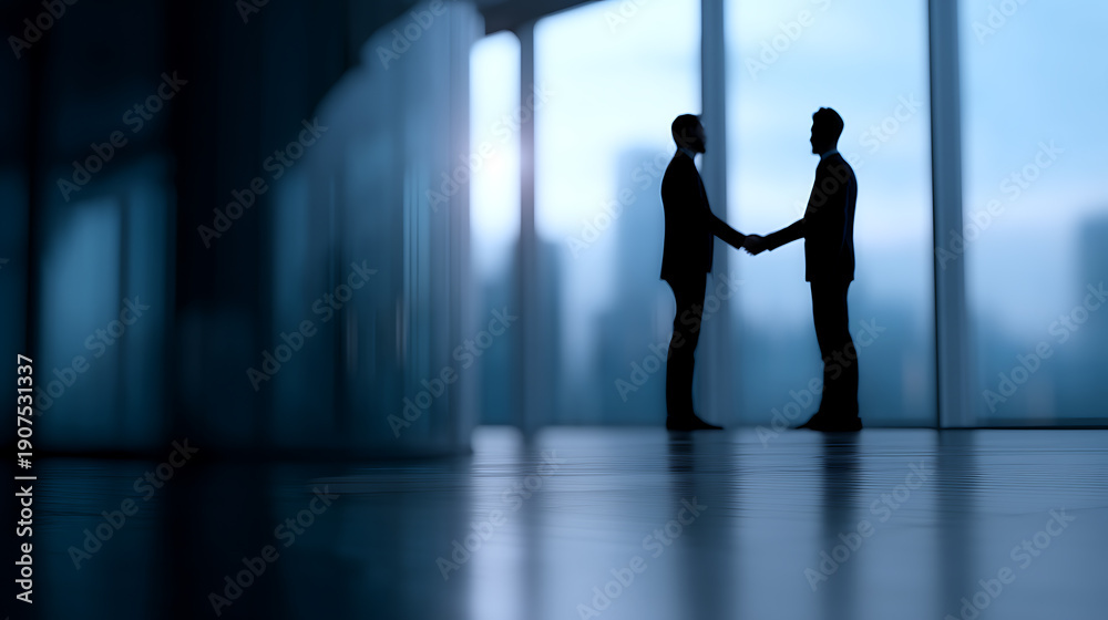 Fototapeta premium Two men shaking hands in a modern office, representing a successful agreement or partnership