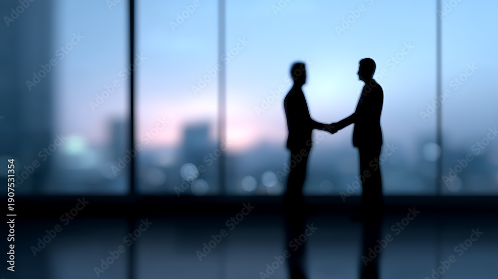 Fototapeta premium Two people shaking hands as a sign of agreement in an office building with a city view