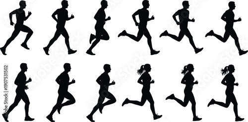 Running people silhouettes, men and women jogging in various action poses, marathon runners, fitness athletes training for health, active sport