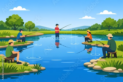 Recreational Fishing at Pond, People Relaxing and Fishing in Nature Vector Illustration