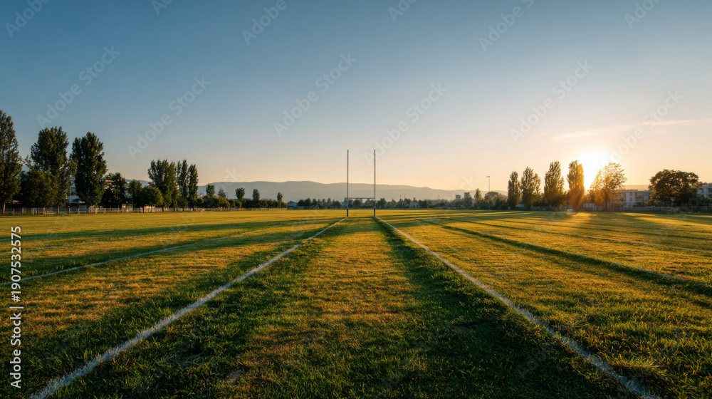 Fototapeta premium Symmetrical front view of empty school field at sunrise with long shadows and clear sky