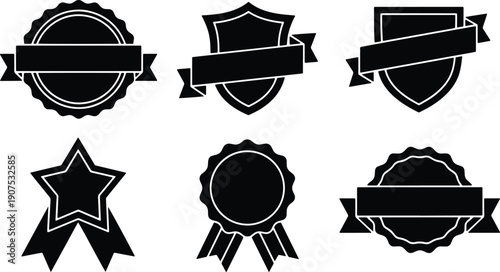 Award badge and shield ribbon emblem collection in bold monochrome vector style