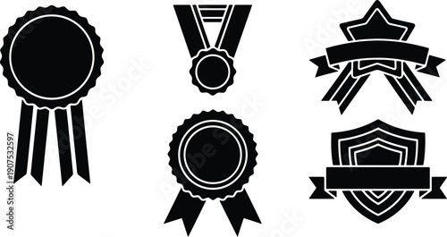 Black silhouette set of award badges medals ribbons and shield emblems collection