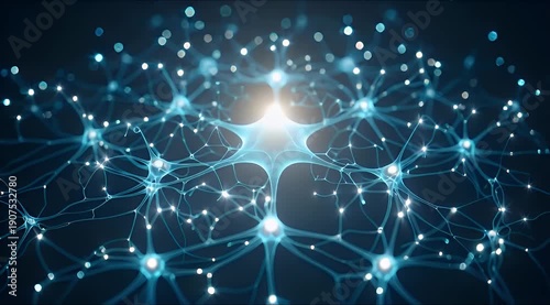 A vibrant digital representation of interconnected neural pathways and glowing brain cells, illustrating complex thought processes and advanced artificial intelligence.