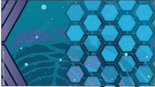 Futuristic honeycomb grid design with radiant hexagons and space background