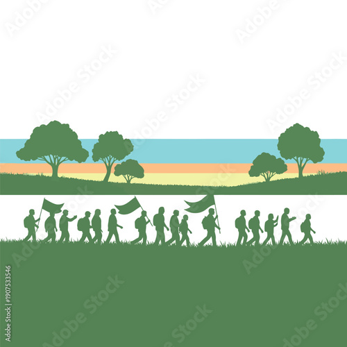 Silhouettes of people marching with flags in a natural landscape.