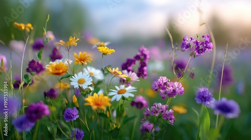 Vibrant Meadow with Colorful Wildflowers Under Soft Dawn Light in Springtime Nature