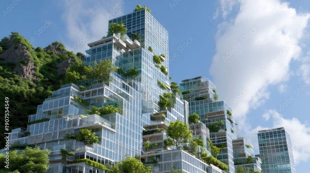 Fototapeta premium Modern eco-friendly architecture with greenery in residential high-rise buildings on a beautiful sunny day