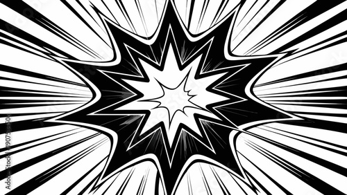 Black and white comic book style explosion graphic with dynamic lines and starburst pattern