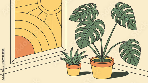 Illustration of potted plants by a sunny window with a vibrant yellow and orange sun design