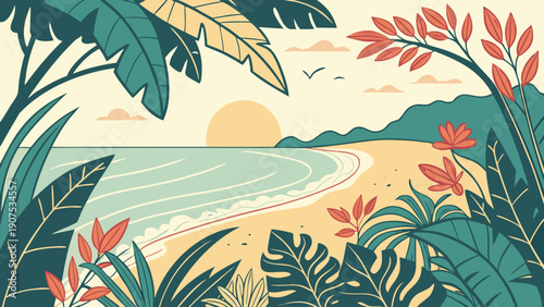 A serene beach scene at sunset with lush tropical foliage and vibrant flowers in the foreground