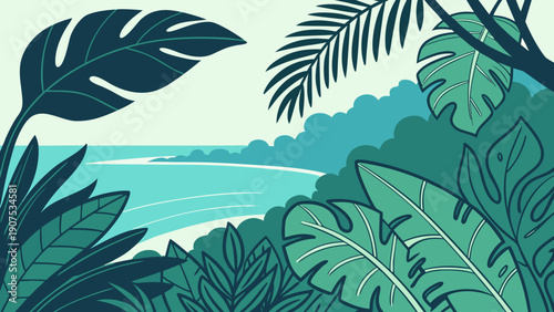 Tropical ocean landscape with lush greenery and palm leaves in a serene and peaceful atmosphere