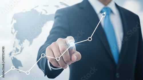 Businessman pointing at rising stock market graph with world map background.