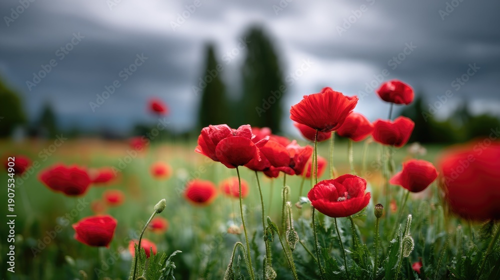 Naklejka premium Vibrant Red Poppies Blooming in a Green Field Under Dramatic Sky with Gray Clouds