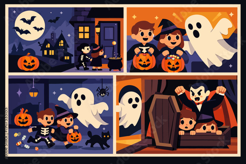 Cartoon Halloween Comic Strip: Kids Trick or Treating, Spooky Ghosts, Vampire, Haunted House, and Night Celebration Scenes.