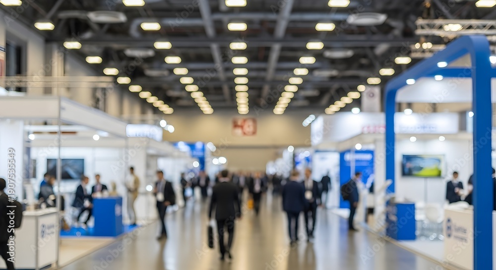 Fototapeta premium Trade show and business networking event: A professional exhibition space with modern booths, attracting visitors and providing opportunities for international business cooperation.