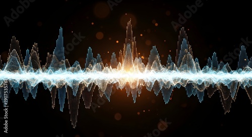 Energy particle waves and digital signal processing: The image of a symmetrical data stream with vibrant blue and orange-yellow hues against a black background symbolizes the intersection of technolog