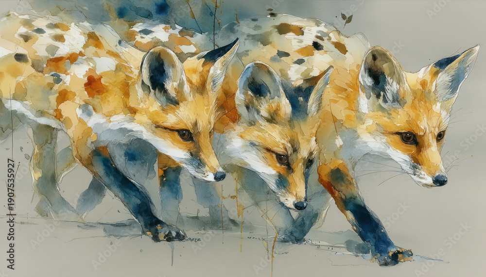 Naklejka premium An artistic watercolor illustration of three foxes moving side by side. 