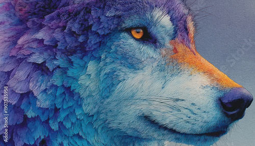 An artistic portrait of a wolf in a rich, original color palette.  