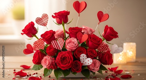 Vibrant red roses and scattered petals on a textured surface