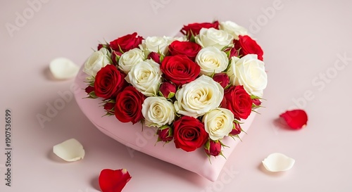 A delicate pink heart adorned with red and white roses on a soft pink background