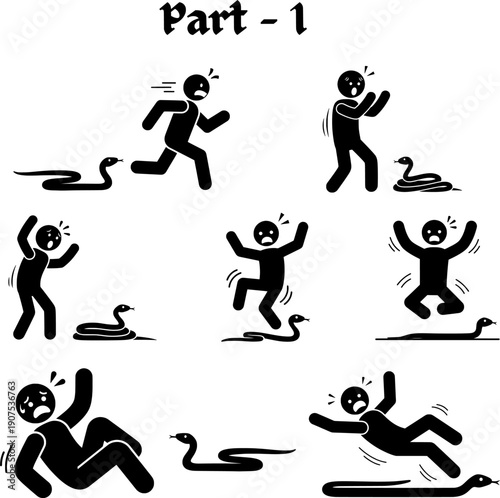 Man panicked and afraid of snake attack stick figure icons set