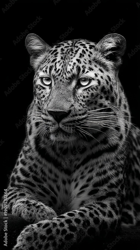 Fototapeta premium Wild leopard rests on a solid black background with sharp focus and detailed fur showcasing an intense gaze