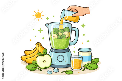 Making a healthy green smoothie with fruits and spinach