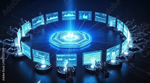 AI Orchestrator Managing Multiple System Central AI core controlling connected modules.