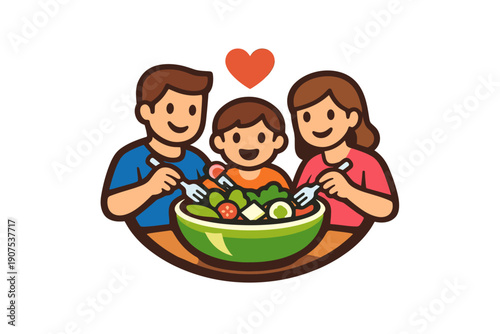 Family sharing healthy salad with love icon