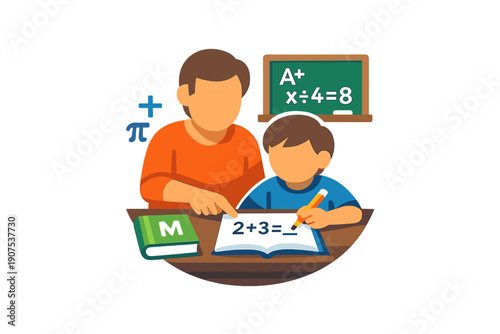 Parent helping child with math homework at desk