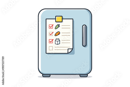 Illustration of a light blue refrigerator with a shopping list