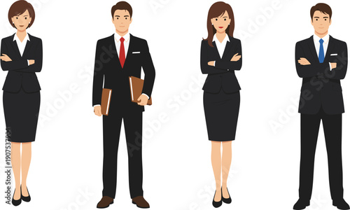 Professional business people team illustration, men and women in formal suits standing confidently, corporate staff characters, office workers, flat vector design