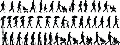 People walking silhouettes collection showing men women children elderly parents with strollers umbrellas and bags isolated on white background everyday life concept vector illustration set