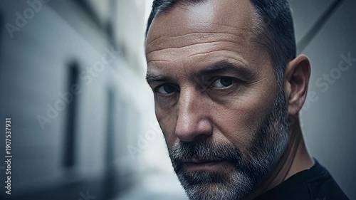 Close-up portrait of a serious middle-aged man with a beard in an urban alley.