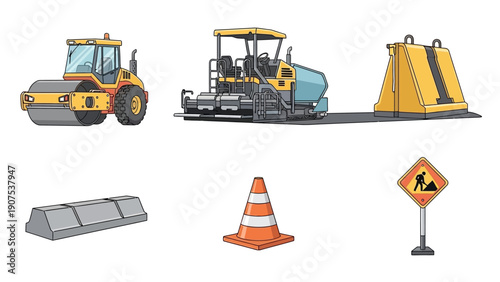 Road construction site with machinery and safety equipment on a highway
