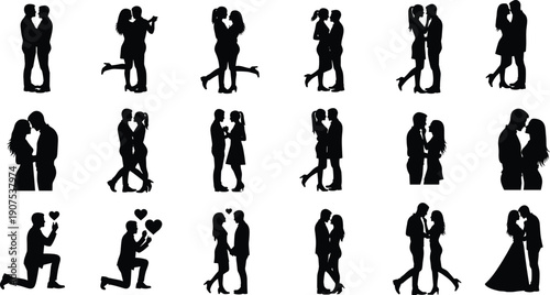 Romantic couple silhouettes collection showing love, kissing, hugging, proposal and relationship moments, men and women figures isolated on white background for Valentine and romance concepts
