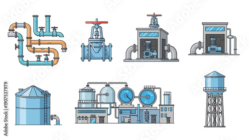 Industrial infrastructure illustration showcasing machinery, pipes, valves, and storage tanks in a factory setting viewed from the side.