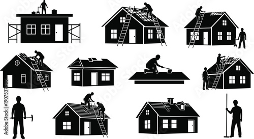 Roof construction and home repair silhouettes showing workers installing, fixing and inspecting residential rooftops with ladders and tools for housing maintenance and improvement concepts